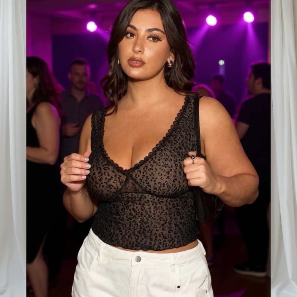 Shein Bae Plus Size High Street Black Leopard Mesh Semi Sheer Crop Top NWT 3X